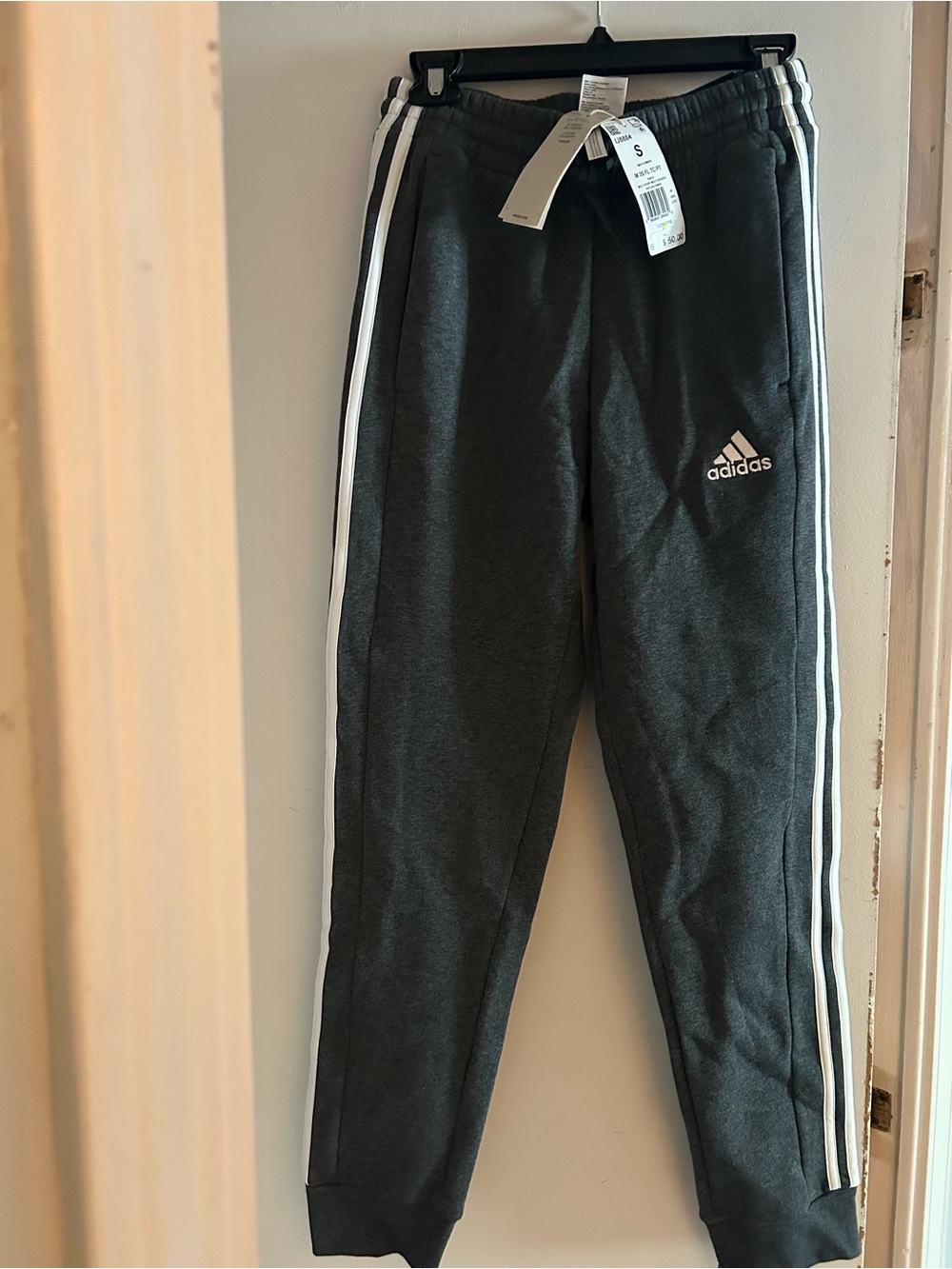 Men’s Small Adidas Dark Gray Heather Three-Stripe pants NWT